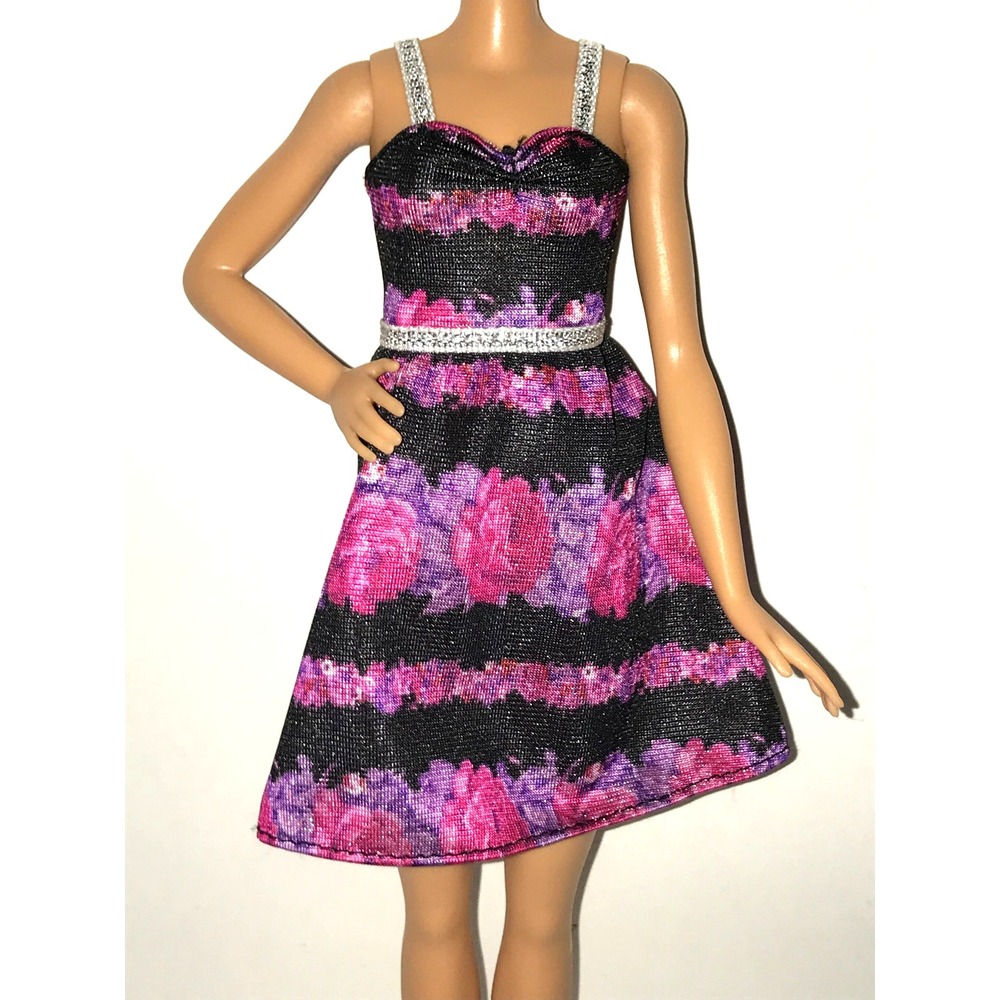 Barbie Doll Clothing Black Dress With Large Pink & Purple Rose Flowers